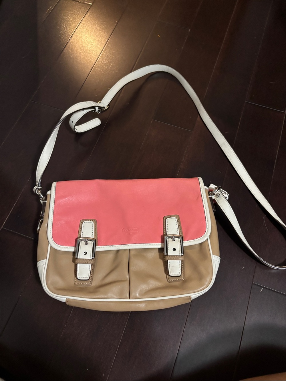 Coach Pink & Tan 2013 Leather Crossbody Messenger Double Pocket Hampton Bag